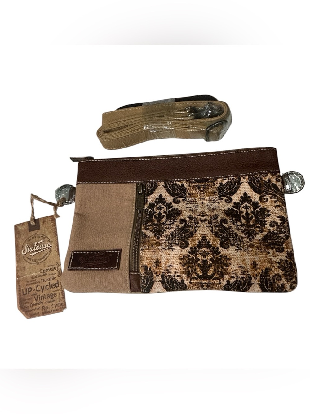 Sixtease Upcycled Vintage Damask Crossbody Clutch Brown Tan Leather NWT Western